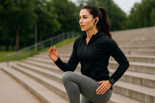 Mulher treinando ao ar livre com um exercício de elevação de joelhos, ilustrando a ativação metabólica e, além disso, demonstrando como movimentos simples podem aumentar a eficiência do treino.