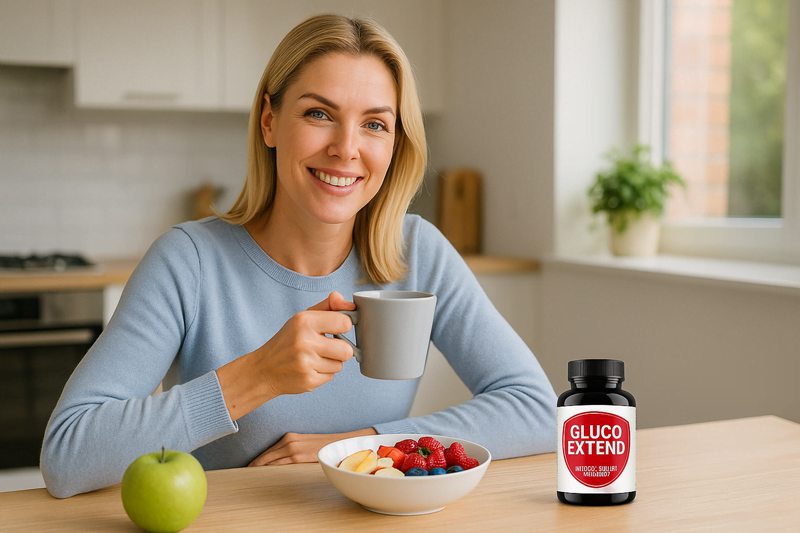 Mulher sorridente caminhando ao ar livre em parque verde, representando equilíbrio e energia com Gluco Extend.