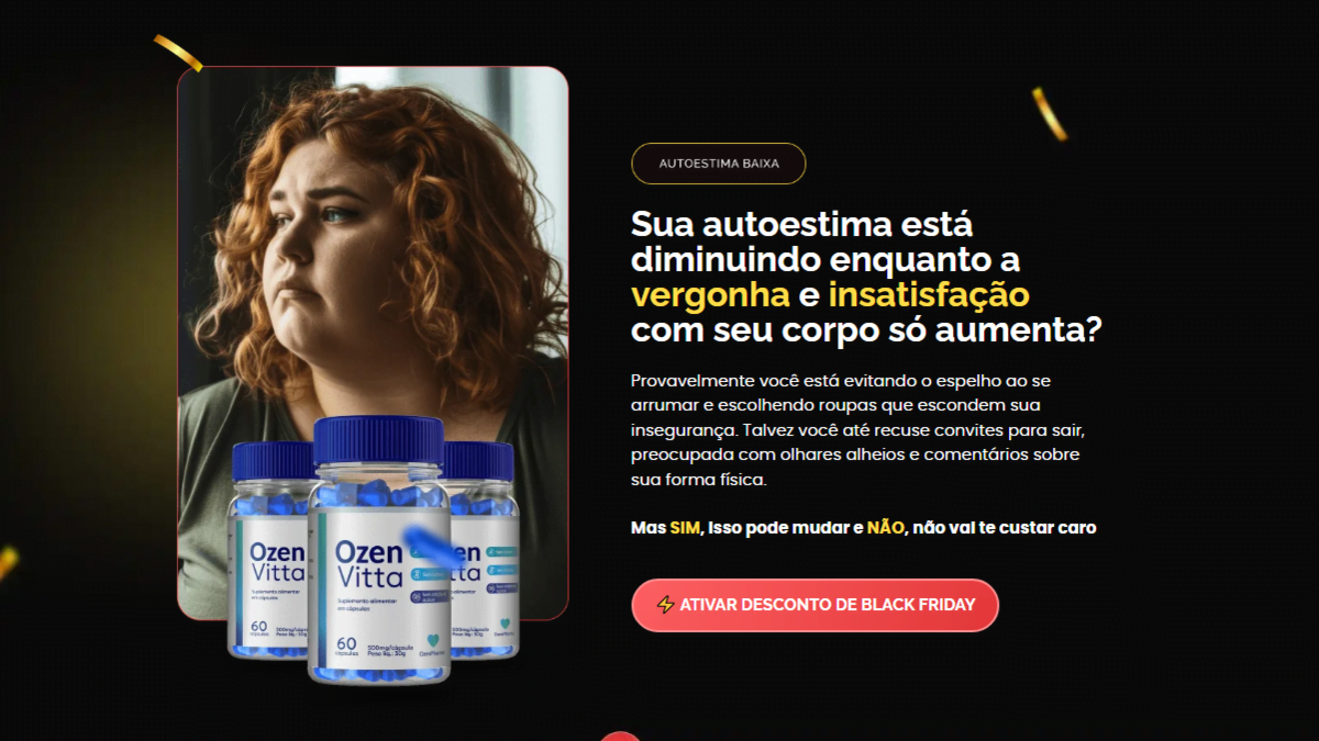 Mulher pensativa ao lado de frascos do suplemento OzenVitta, representando o antes do processo de emagrecimento com OzenVitta.