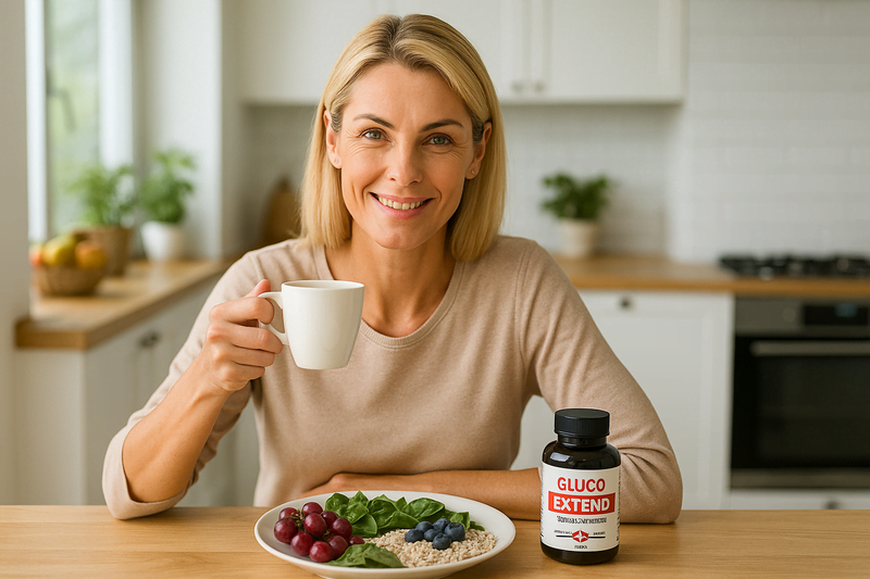 Mulher confiante tomando café da manhã saudável com suplemento Gluco Extend em cozinha moderna iluminada.