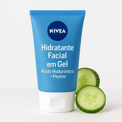 Bisnaga azul de hidratante facial em gel com ácido hialurônico e pepino em fundo branco minimalista