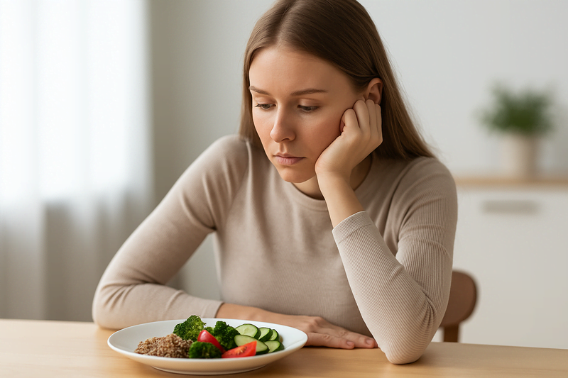 Mulher refletindo diante de um prato saudável, simbolizando o controle emocional e o comer consciente para evitar o abandono de dieta.