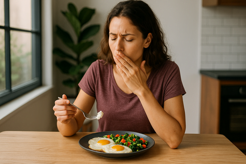 Pessoa se alimentando com ovos e vegetais saudáveis em uma cozinha iluminada, representando o alimento que acelera o metabolismo e reduz a fome.