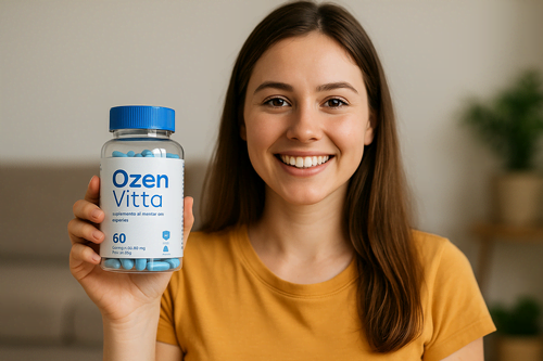 Mulher jovem sorrindo enquanto segura um frasco de OzenVitta, representando confiança no suplemento para emagrecer.