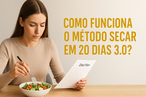 Mulher fictícia sentada à mesa analisando um plano alimentar, representando organização nutricional do Método Secar em 20 Dias 3.0.
