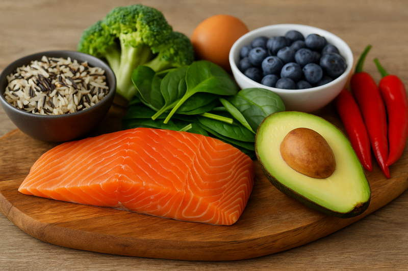 Mesa com alimentos termogênicos como pimenta, gengibre, salmão, abacate e café, representando outros alimentos que aceleram o metabolismo.