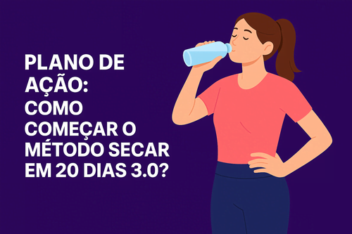 Ilustração de mulher fictícia bebendo água enquanto segue hábitos iniciais recomendados no plano de ação do Método Secar em 20 Dias 3.0.