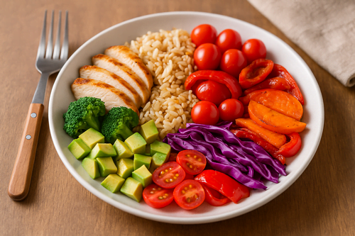 Prato com alimentos coloridos como legumes, arroz, frango grelhado e frutas frescas, organizado por cores sobre uma mesa de madeira.