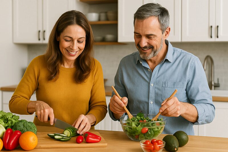 Casal preparando salada com legumes frescos em cozinha moderna, representando alimentação natural e hábitos saudáveis.