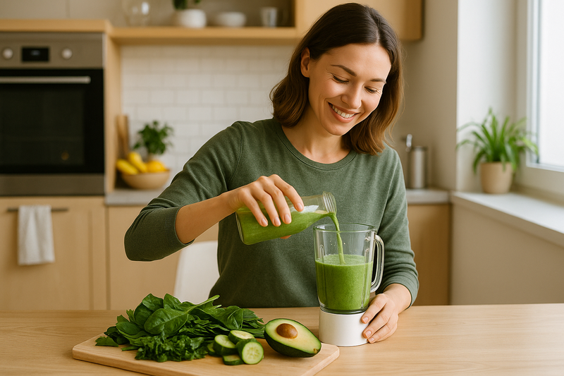 Mulher sorridente preparando suco verde com couve, limão e abacate em cozinha moderna iluminada, representando hábitos saudáveis e alimentação natural.