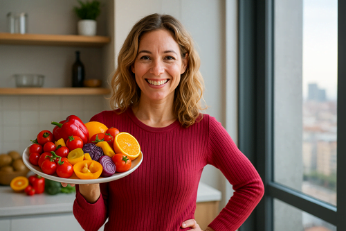 Mulher sorridente segurando um prato com frutas e vegetais coloridos em uma cozinha moderna com luz natural e vista urbana ao fundo