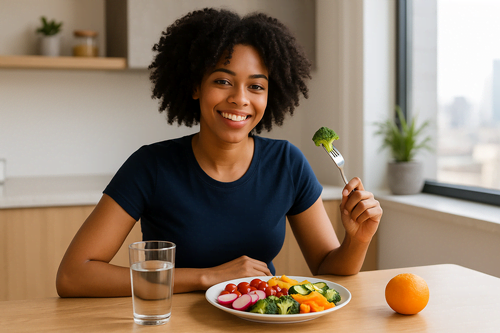 Mulher sorridente com prato colorido de frutas e legumes frescos em uma cozinha moderna iluminada.