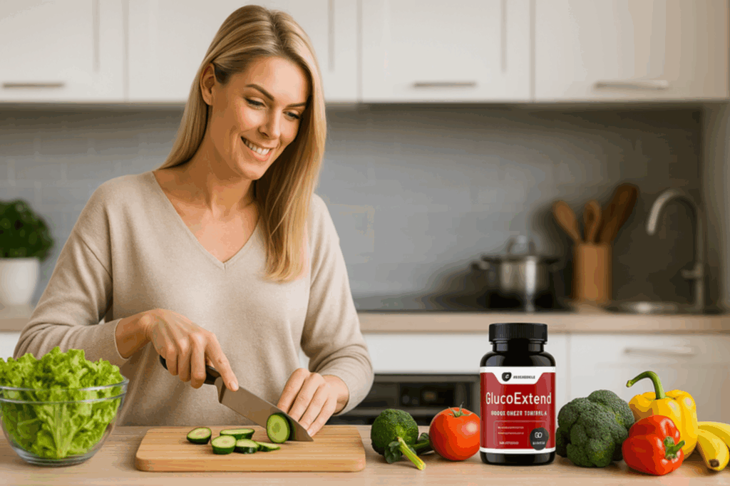 Notebook exibindo o site oficial do Gluco Extend com frascos do suplemento sobre a mesa.