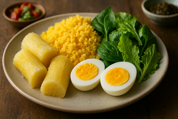 Prato colorido com macaxeira, cuscuz, ovo e folhas verdes, representando o equilíbrio e a sustentabilidade na cozinha nordestina.