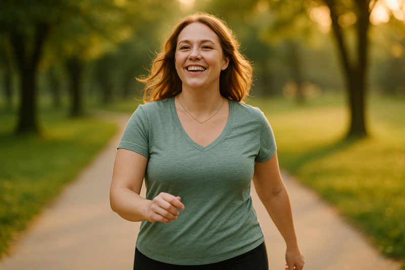 Pessoa sorrindo e caminhando ao ar livre ao pôr do sol, representando equilíbrio, leveza e superação após vencer o abandono de dieta.