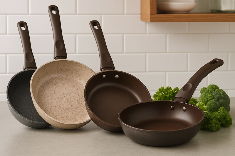 Diferentes tipos de panelas antiaderentes saudáveis — cerâmica, titânio e ferro — dispostas sobre bancada de cozinha iluminada.