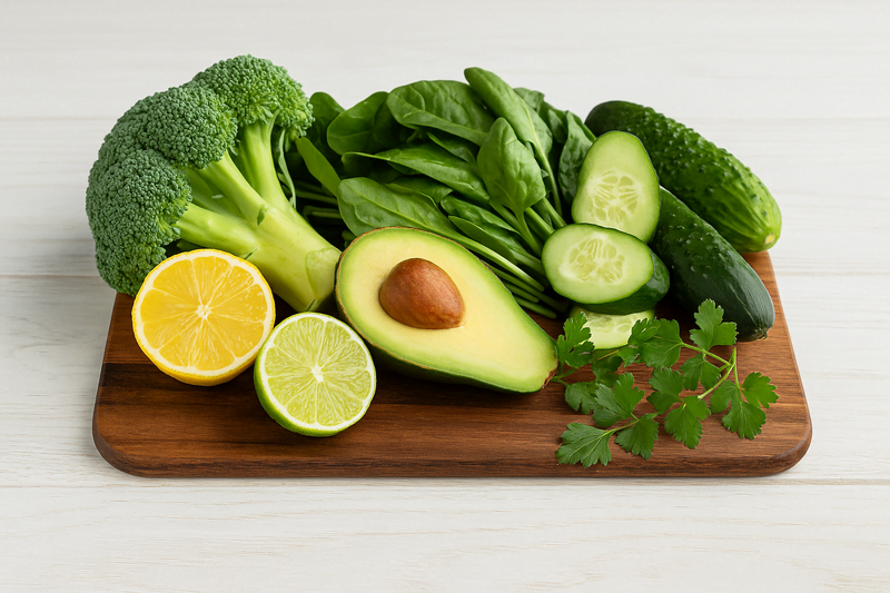 Variedade de alimentos verdes como couve, abacate, pepino e limão sobre uma tábua de madeira, representando o segredo verde que está derretendo gordura.