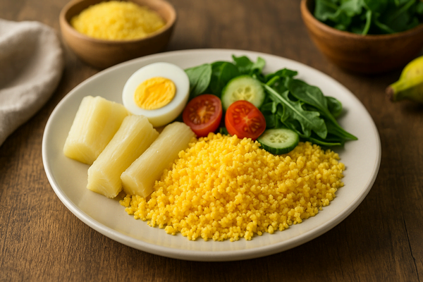 Prato colorido com cuscuz de milho, pedaços de macaxeira cozida, ovo e salada verde — representando as receitas típicas da dieta nordestina saudável.