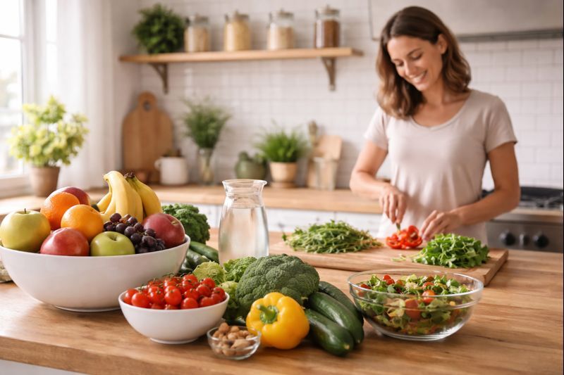 Cozinha clara com frutas e legumes à vista e mulher preparando alimentos, mostrando ambiente favorável ao emagrecimento natural