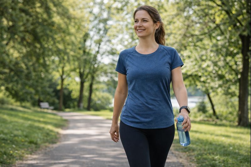 Mulher caminhando ao ar livre em um parque, ilustrando movimento diário para emagrecimento natural