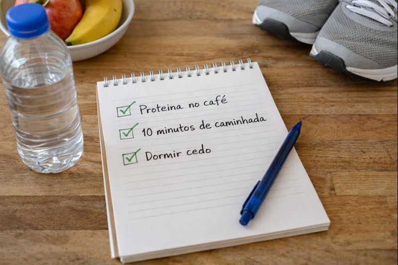 Caderno com checklist de hábitos, garrafa de água e tênis, mostrando rotina de emagrecimento natural