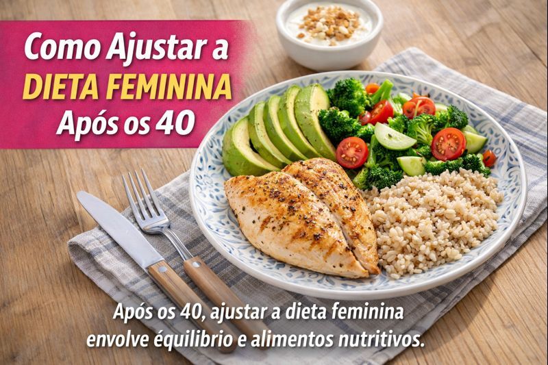 Prato equilibrado com proteína, carboidratos e gorduras boas representando dieta feminina após os 40