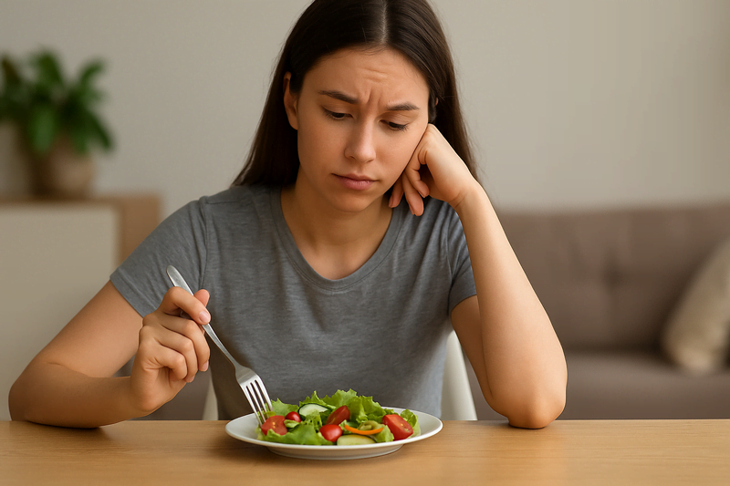 Mulher comendo salada de forma restrita representando erro no déficit calórico
