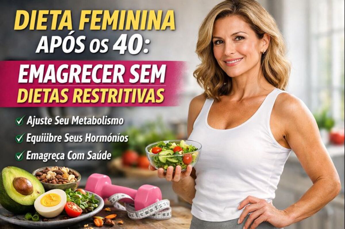 Mulher após os 40 anos segurando alimentação saudável representando dieta feminina equilibrada