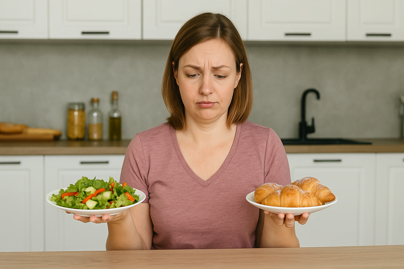 Mulher indecisa entre comida saudável e pão representando dietas restritivas no emagrecimento