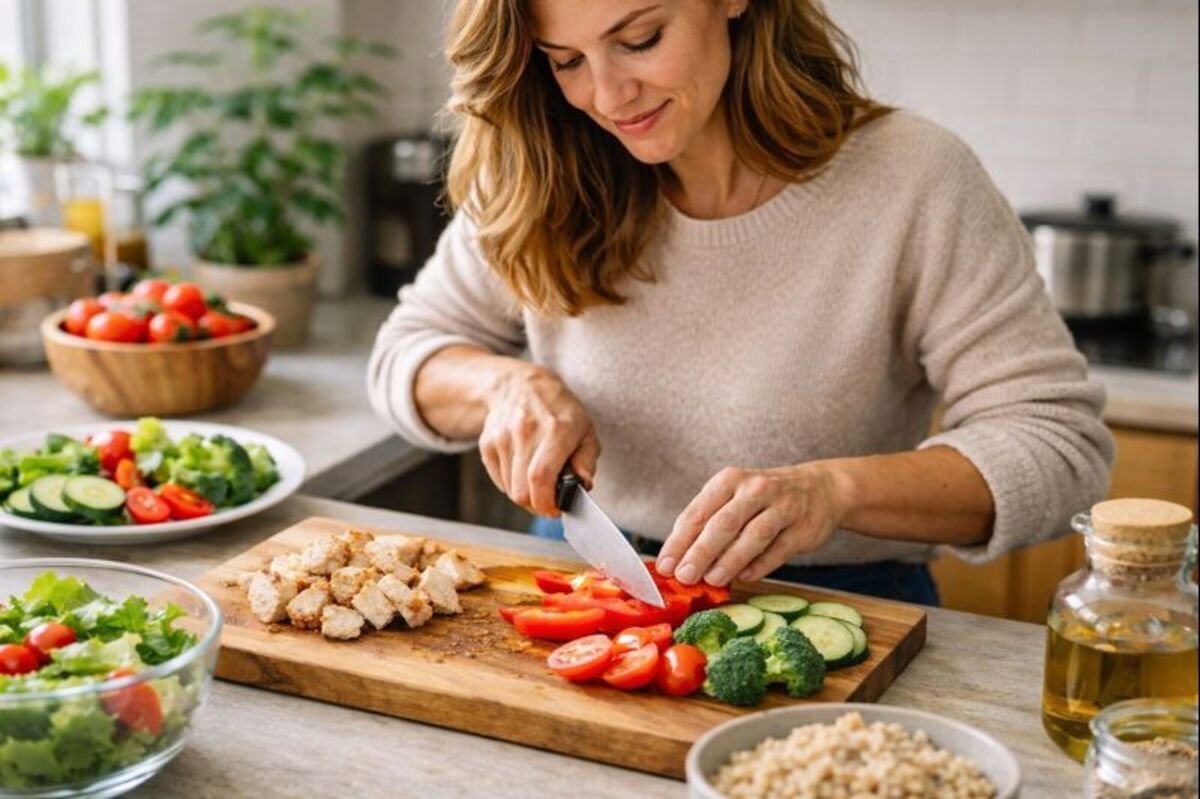 Mulher preparando refeição simples com legumes e proteína para emagrecimento natural