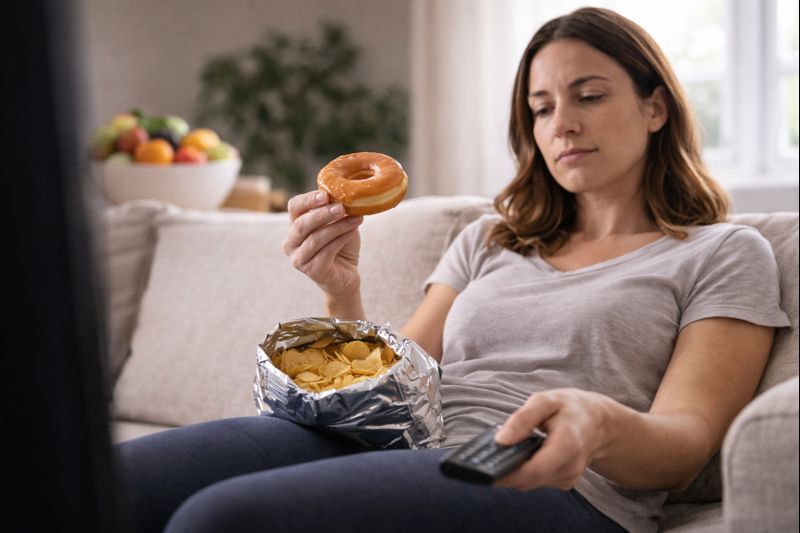 Mulher no sofá com salgadinhos e donut assistindo TV, ilustrando erros comuns que sabotam o emagrecimento natural