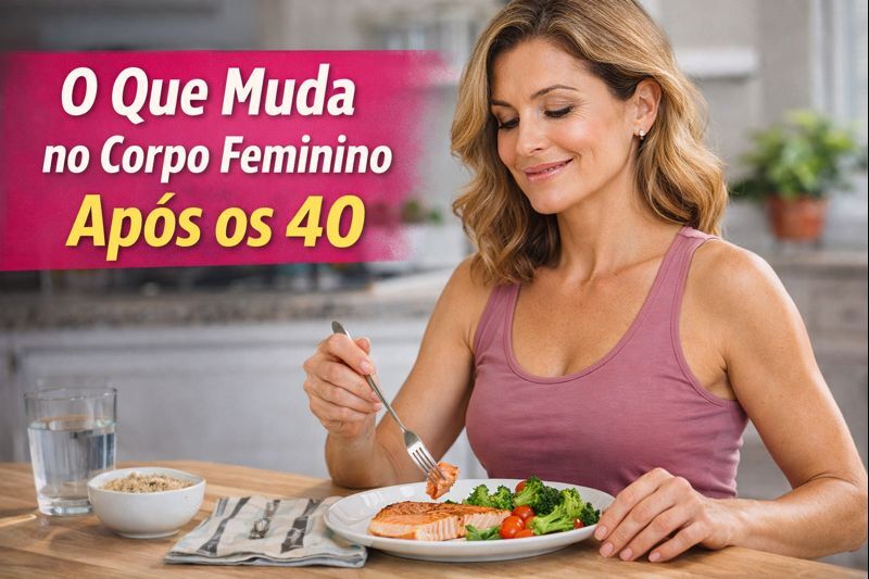 Mulher após os 40 anos fazendo refeição saudável representando mudanças no corpo feminino
