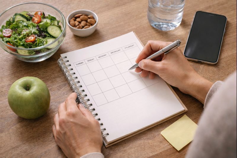 Mãos planejando um calendário semanal em branco com salada, maçã e água, para iniciar emagrecimento natural em 7 dias