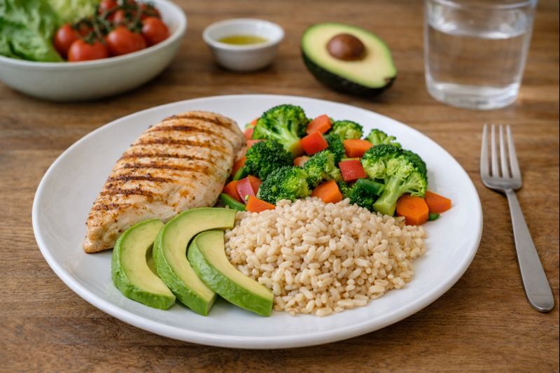 Prato com frango grelhado, arroz integral, legumes e abacate para emagrecimento natural