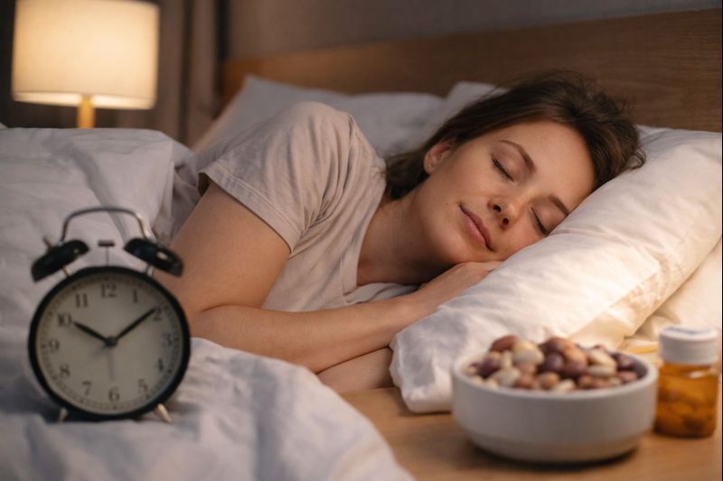 Mulher dormindo em quarto aconchegante com luz suave e despertador, ilustrando sono e emagrecimento natural