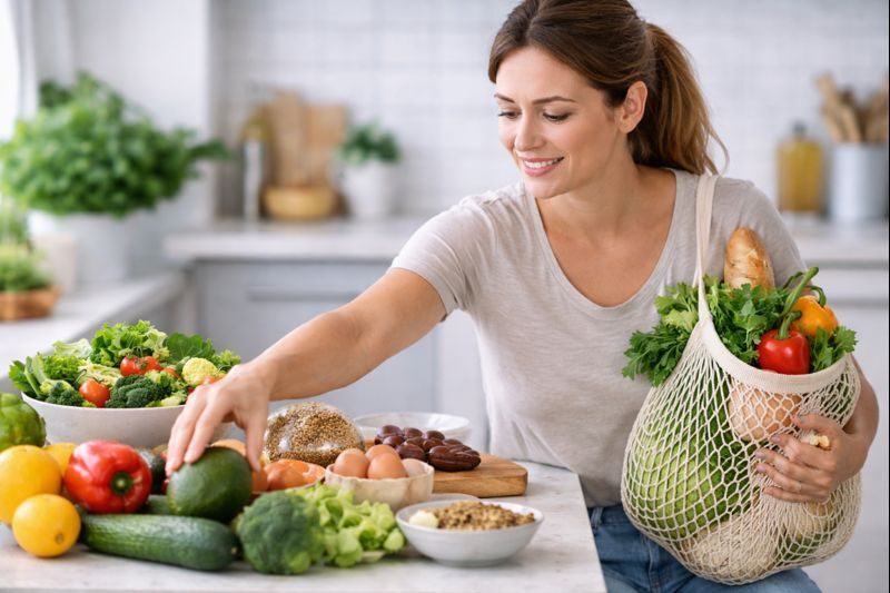 Pessoa escolhendo alimentos naturais na cozinha representando alimentação com qualidade para emagrecer de forma sustentável