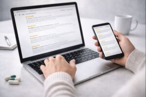 Pessoa comparando avaliações e depoimentos de suplemento para emagrecer em notebook e smartphone de forma crítica e consciente.