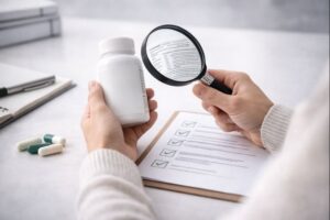 Pessoa analisando o rótulo de um suplemento para emagrecer com lupa, verificando ingredientes e dosagem de forma consciente.