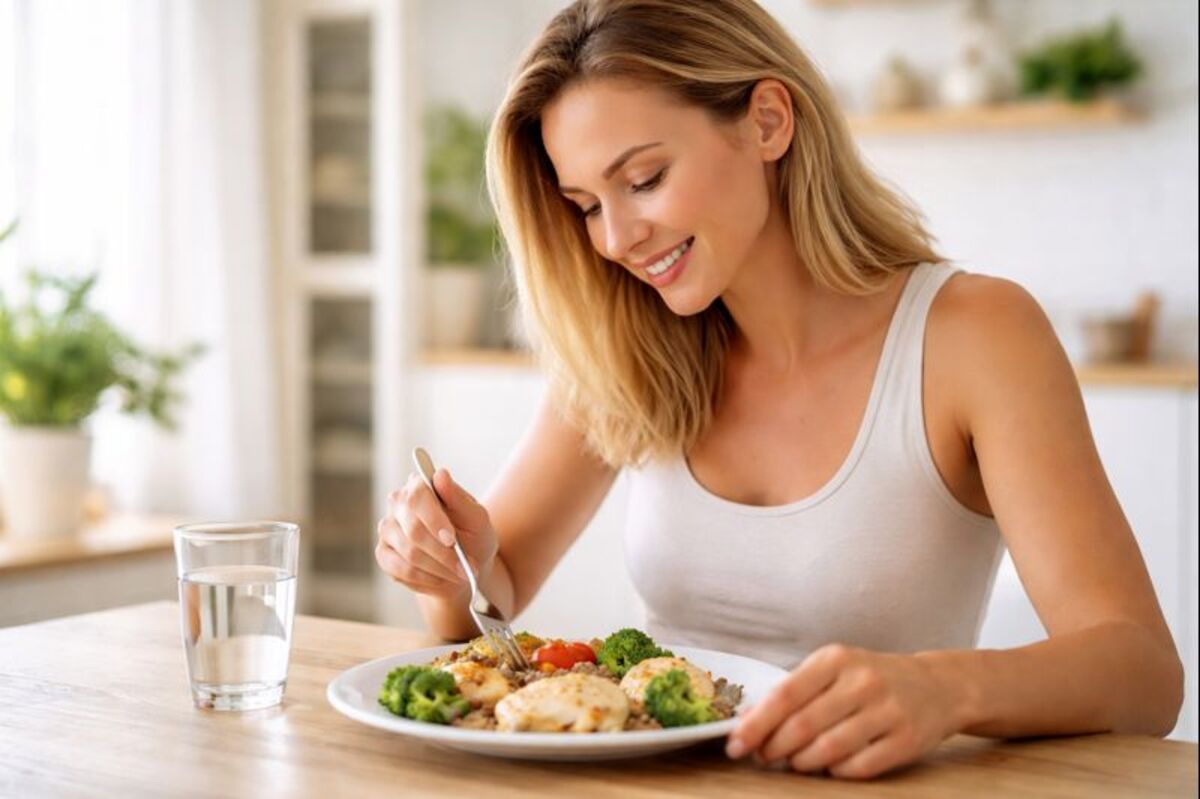 Mulher comendo refeição saudável em casa mostrando que é possível emagrecer sem deixar de comer