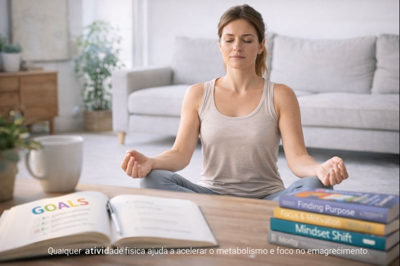 Pessoa praticando meditação em ambiente calmo representando mente e motivação como peças-chave para manter o emagrecimento