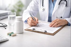 Profissional de saúde avaliando a segurança de um suplemento para emagrecer em ambiente clínico, com checklist e frasco genérico.