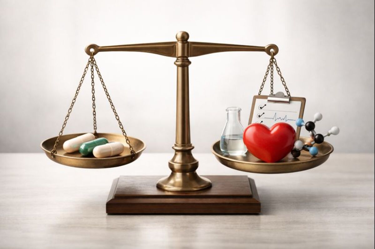 Imagem conceitual de balança equilibrada comparando cápsulas de suplemento para emagrecer com símbolos de saúde e ciência, representando análise confiável e segura.