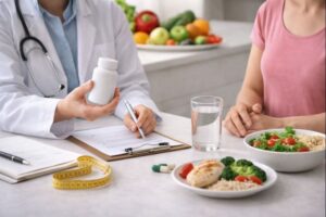 Nutricionista orientando o uso de suplemento para emagrecer junto com alimentação saudável e acompanhamento profissional.