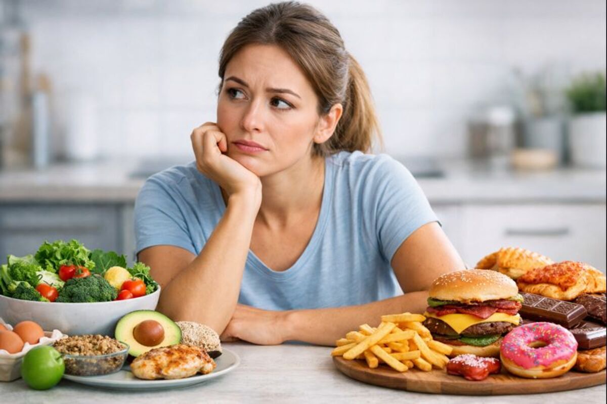Pessoa refletindo entre alimentos naturais e ultraprocessados representando que seguir dieta está te engordando