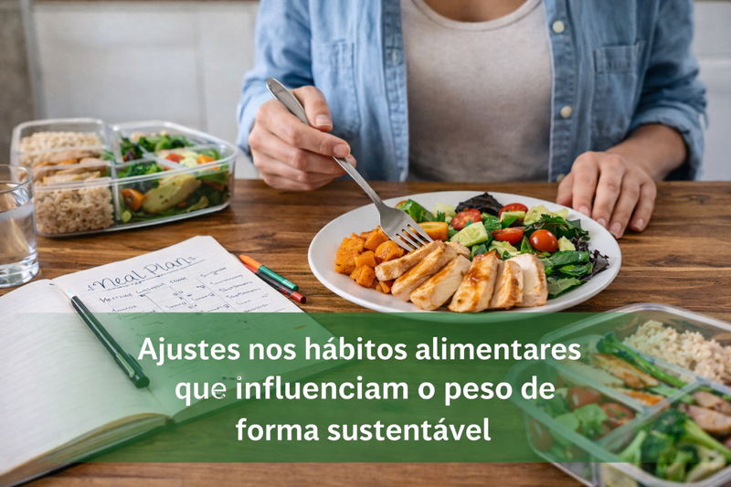Refeição equilibrada com planejamento alimentar ilustrando ajustes nos hábitos alimentares que influenciam o peso de forma sustentável.