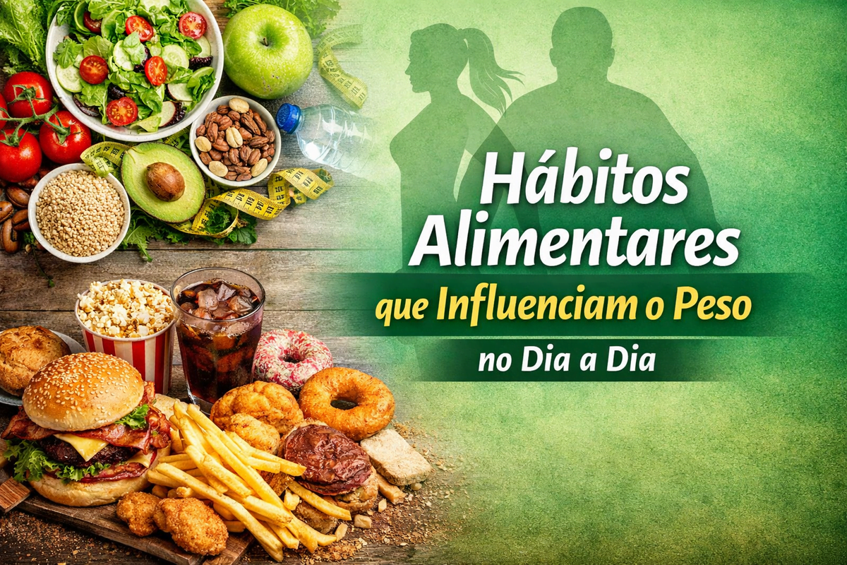 Imagem ilustrando hábitos alimentares que influenciam o peso, com comparação entre alimentos naturais e ultraprocessados no dia a dia.