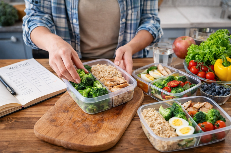 Planejamento de refeições com marmitas organizadas representando hábitos alimentares que influenciam o peso no dia a dia.