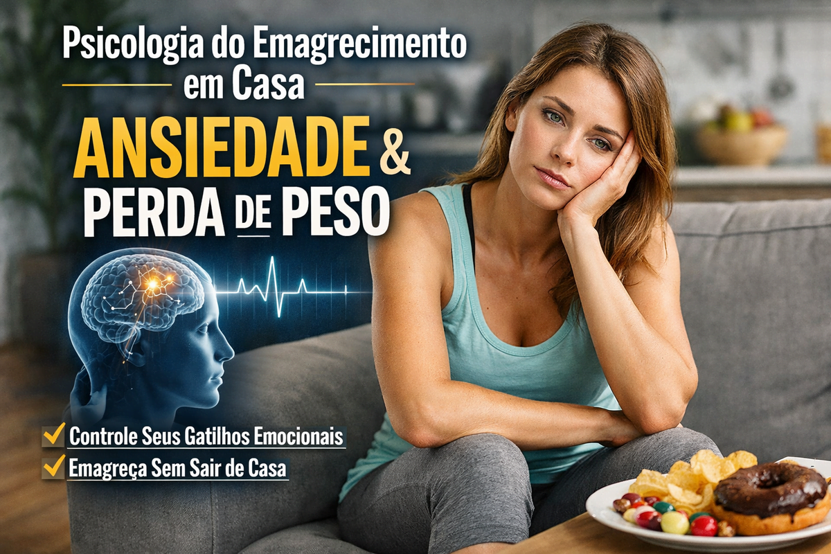 Mulher pensativa no sofá em ambiente doméstico representando psicologia do emagrecimento em casa e controle da ansiedade para perda de peso