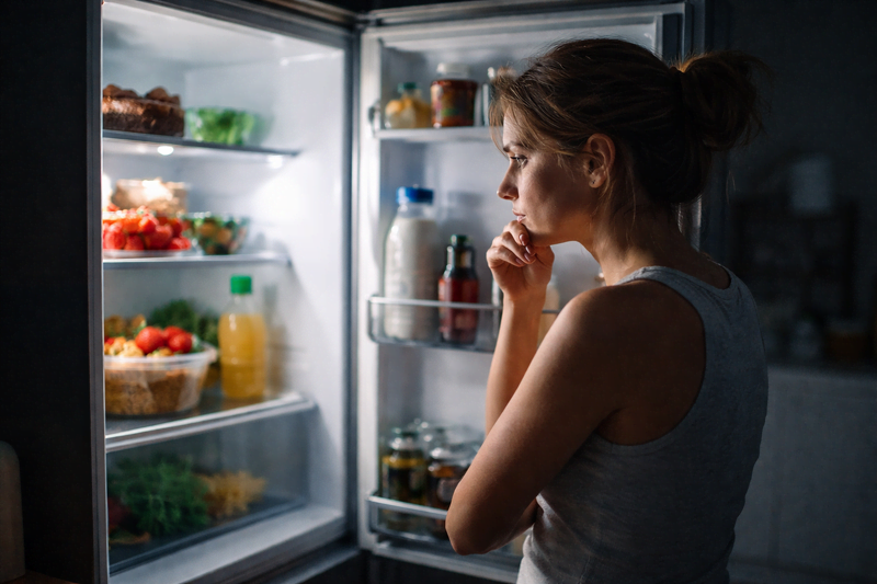 Mulher olhando para geladeira aberta à noite representando ansiedade noturna e compulsão alimentar no emagrecimento em casa