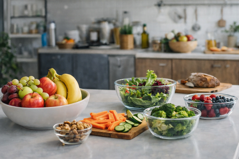Cozinha organizada com frutas, saladas e alimentos naturais representando controle de gatilhos emocionais no emagrecimento em casa